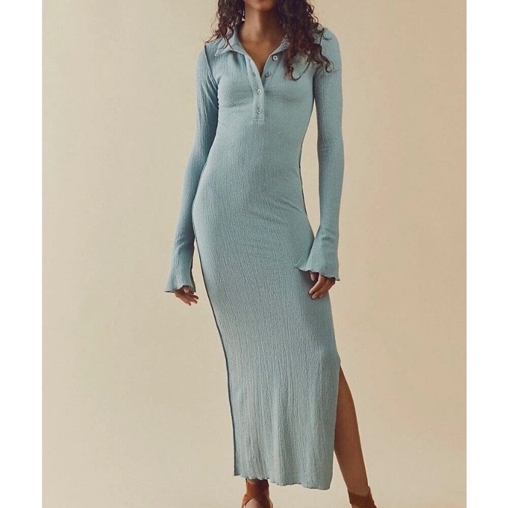 NWT Free People Olivia Henley Knit Column Blue Maxi Dress Womens Large $128 MSRP